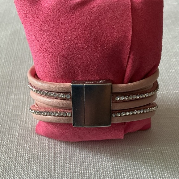 Pink Leather Bracelet with Rhinestones - Picture 3 of 5